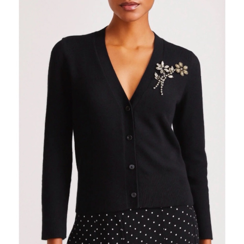 kate spade black jeweled floral V-neck cardigan